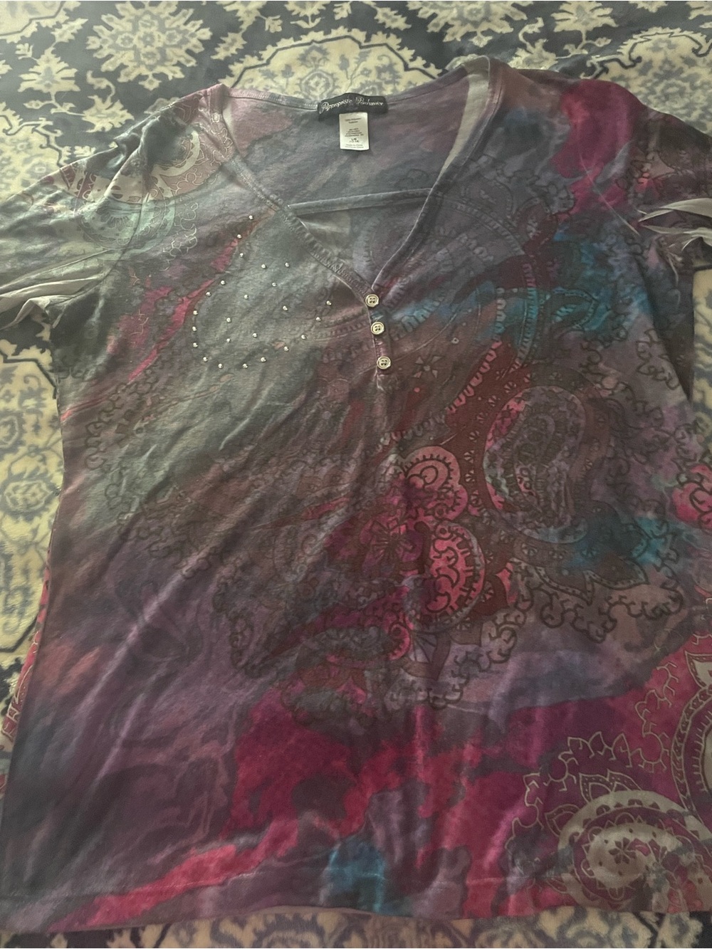 Arizona Jeans Women's V-Neck Paisley Print Top in Burgundy and Purple